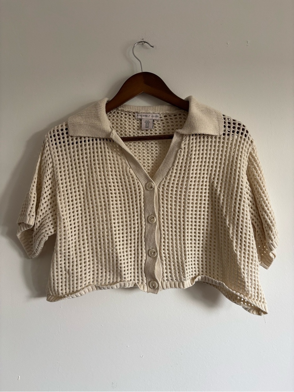 Sincerly Jules Cream Open-Knit Button Front Cropped Sweater